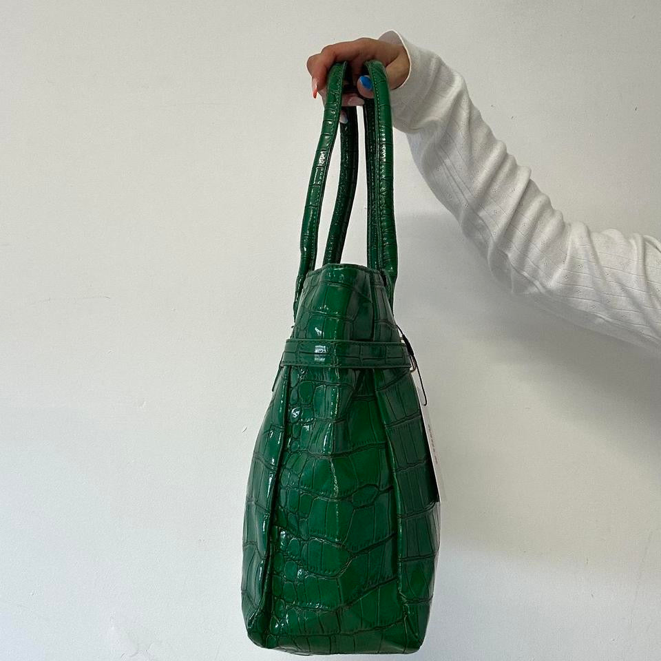 dark green croc effect firkin shoulder bag