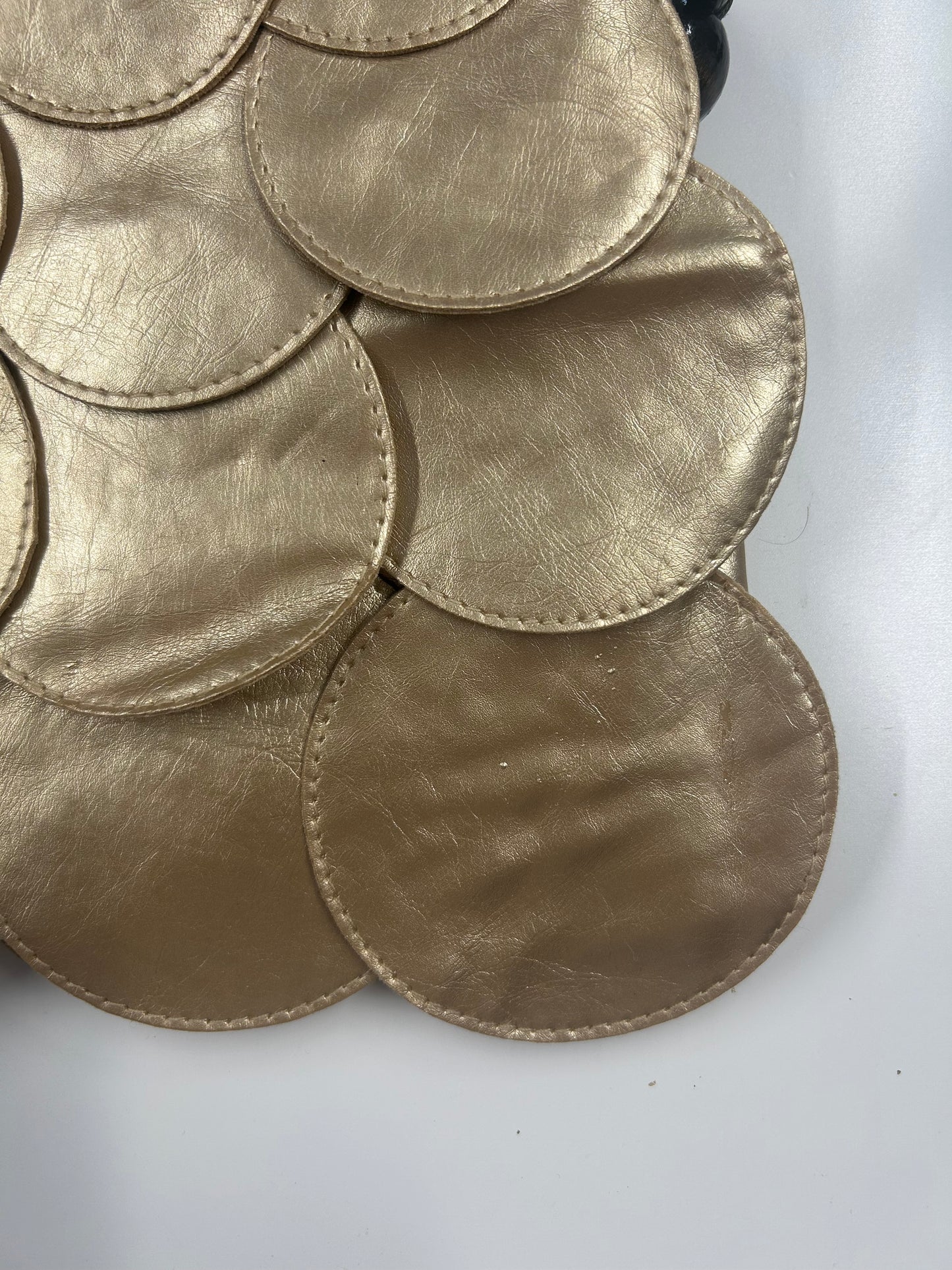 gold faux leather disc beaded shoulder bag