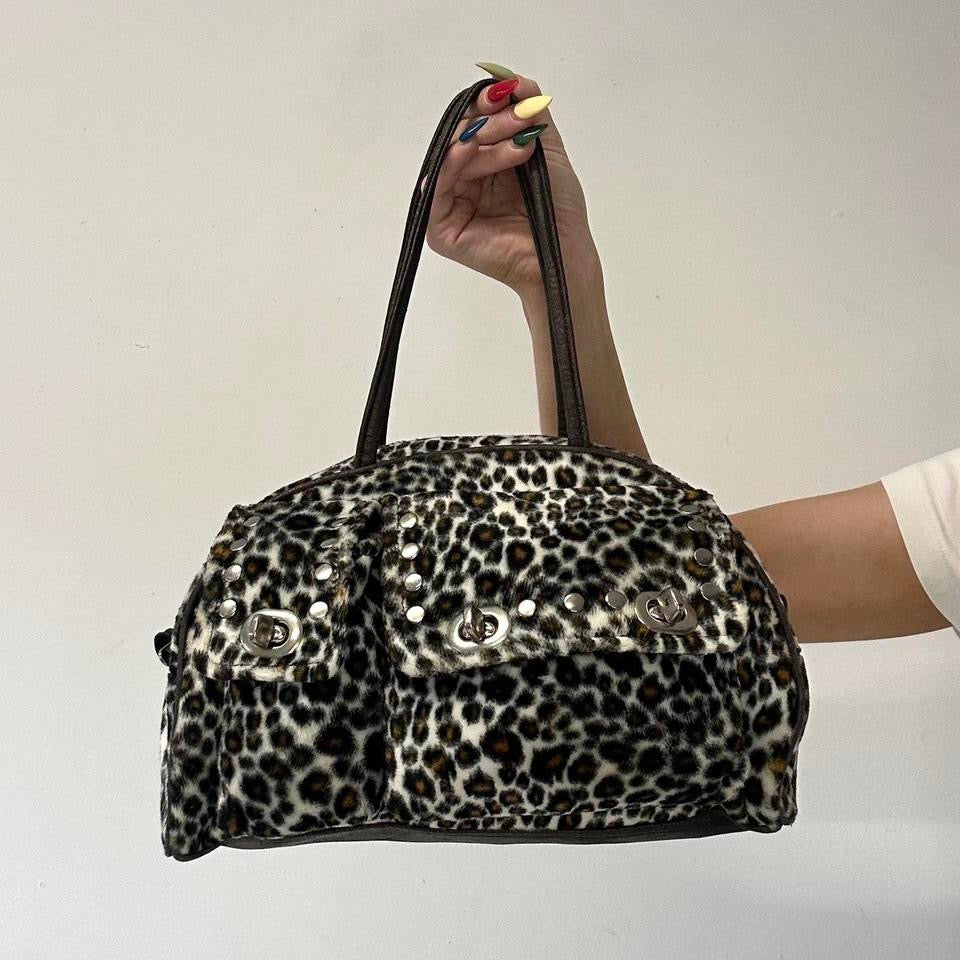 leopard print fleece studded shoulder bag