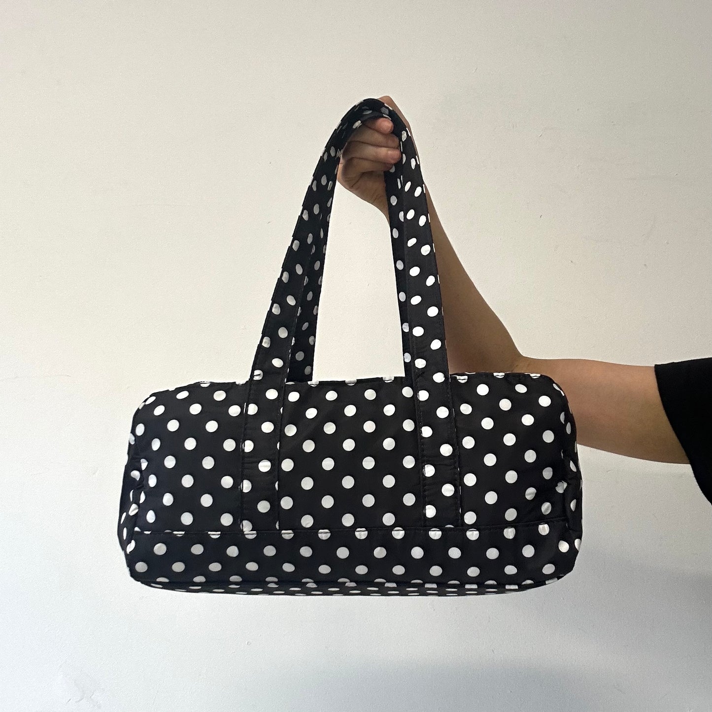 black and white polka dot lightweight canvas shoulder bag