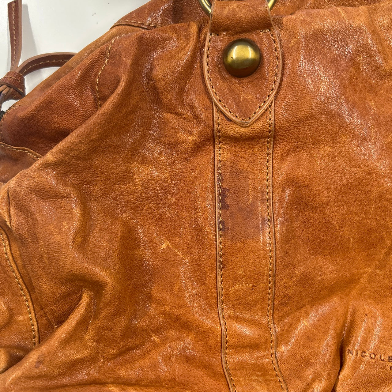 tanned brown large blue genuine leather shoulder bag