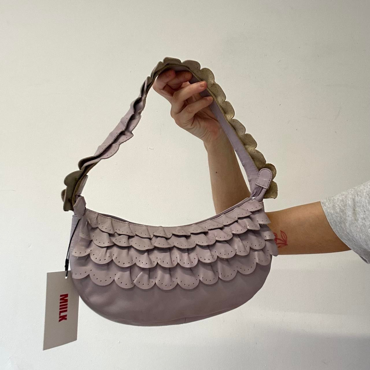 lilac faux leather ruffled shoulder bag