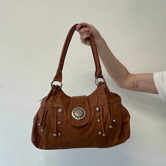 brown faux leather studded buckle shoulder bag