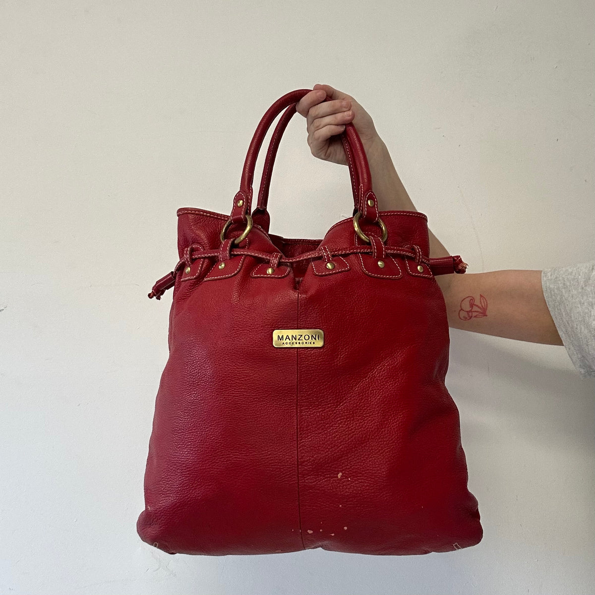 red genuine leather double pocket shoulder bag