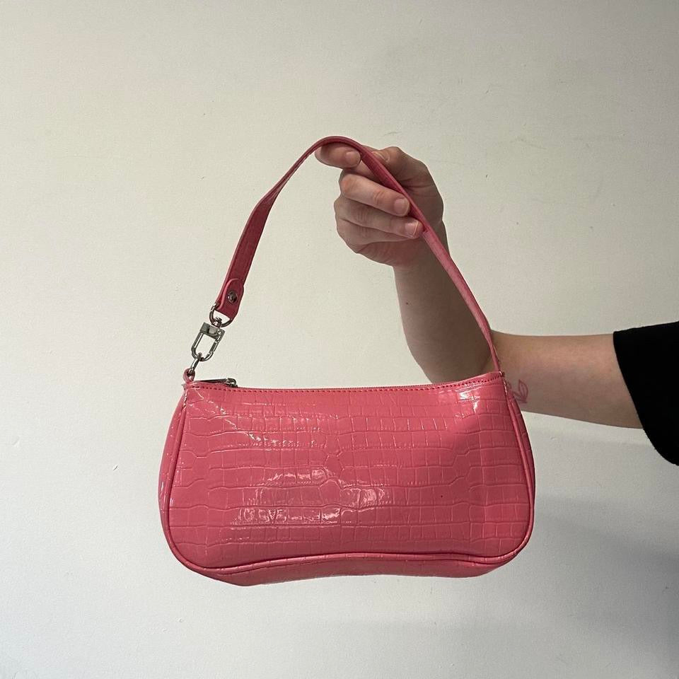 pink faux leather croc effect shoulder bag