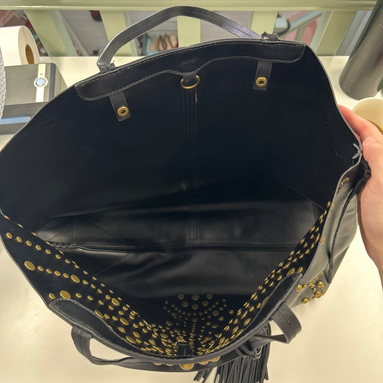 black studded eyelet large faux leather shoulder bag