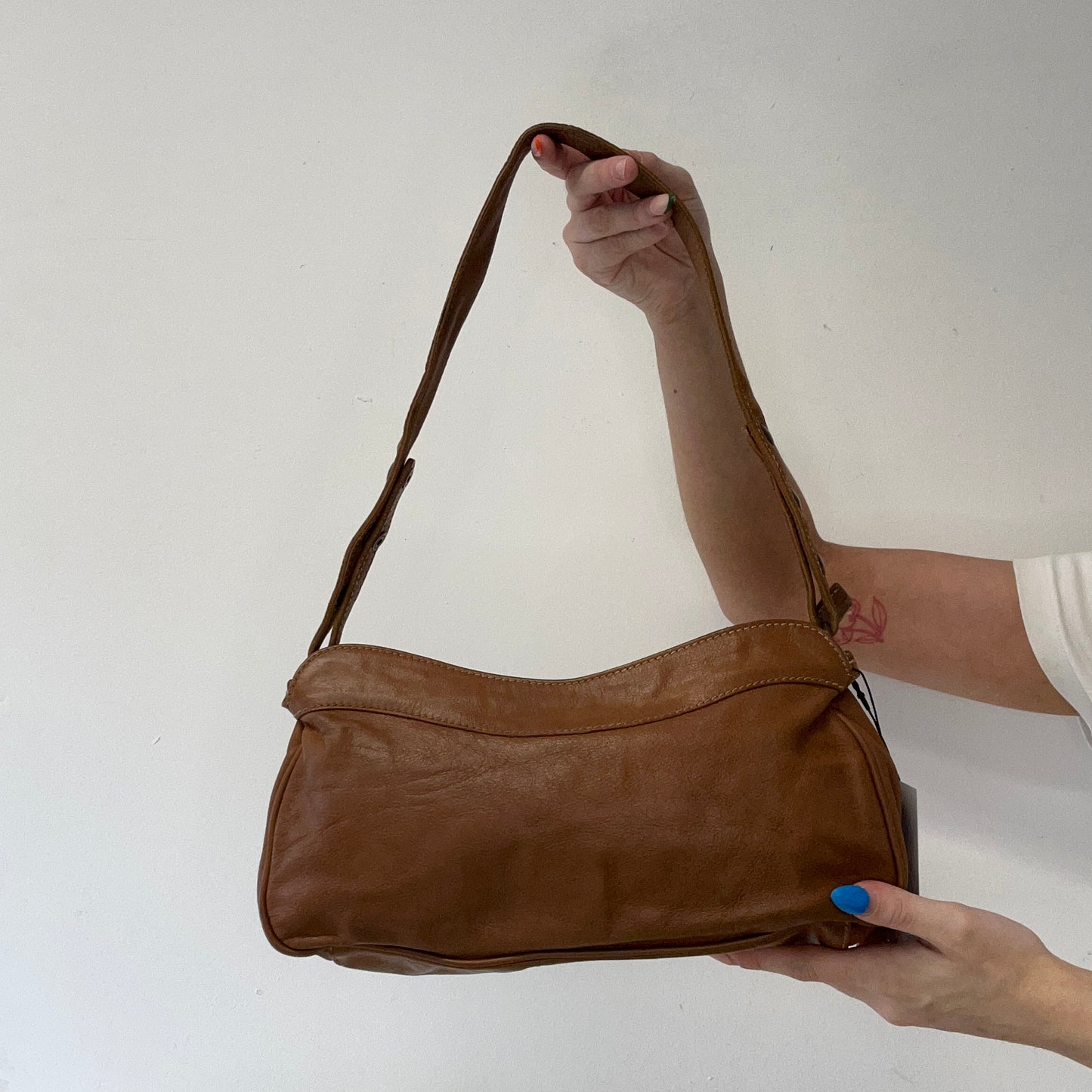 brown leather double pocket shoulder bag