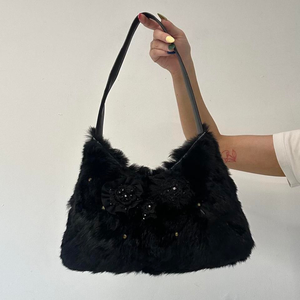 black faux fur studded floral shoulder bag