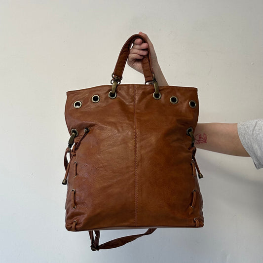 brown eyelet ruched faux leather shoulder bag
