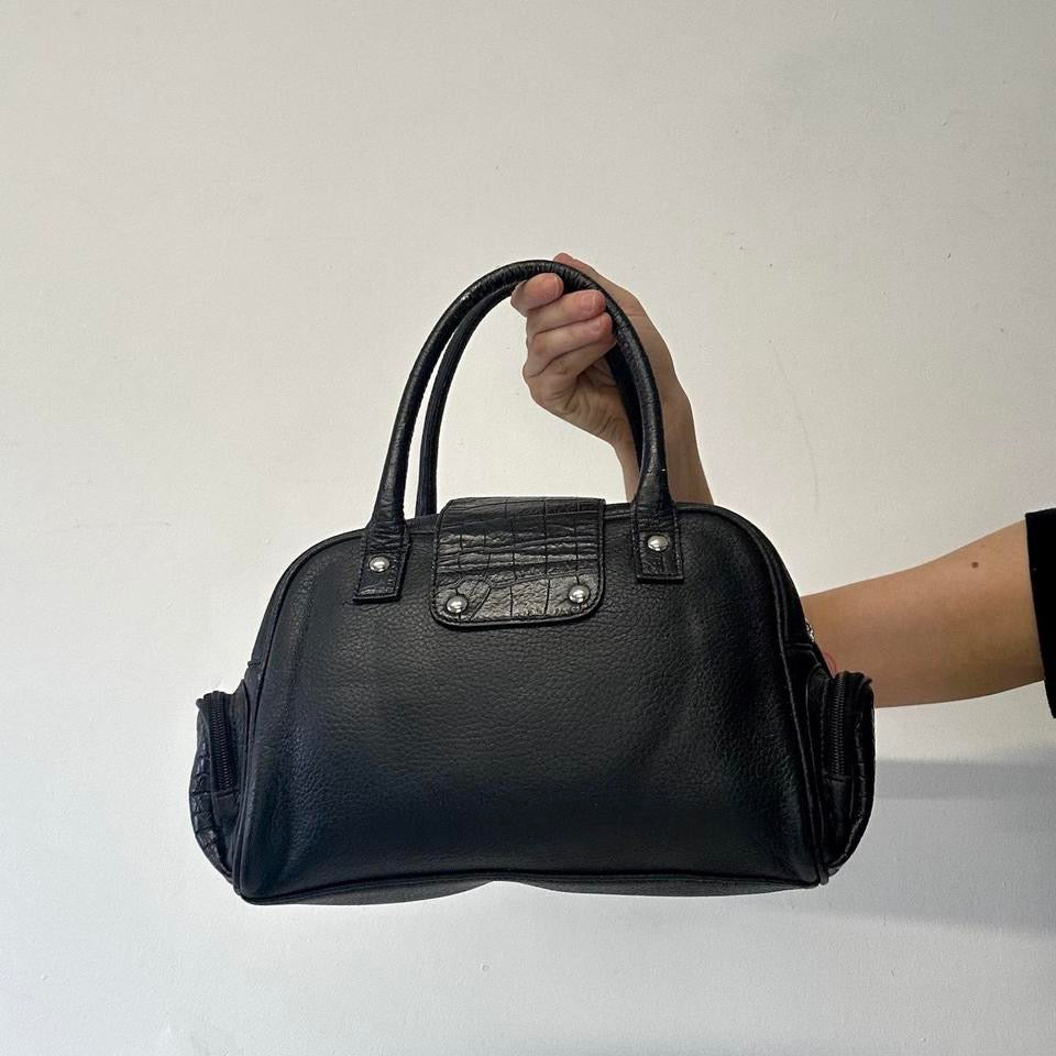 black genuine leather buckle shoulder bag
