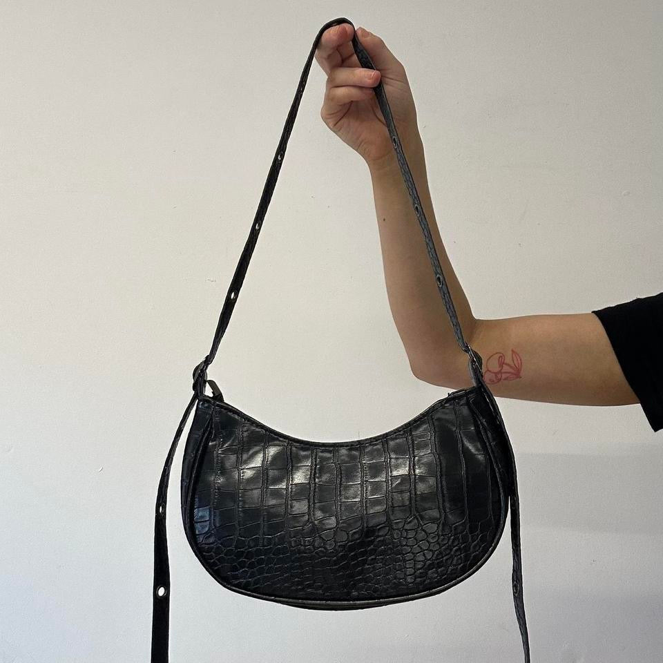 black studded faux leather croc effect shoulder bag