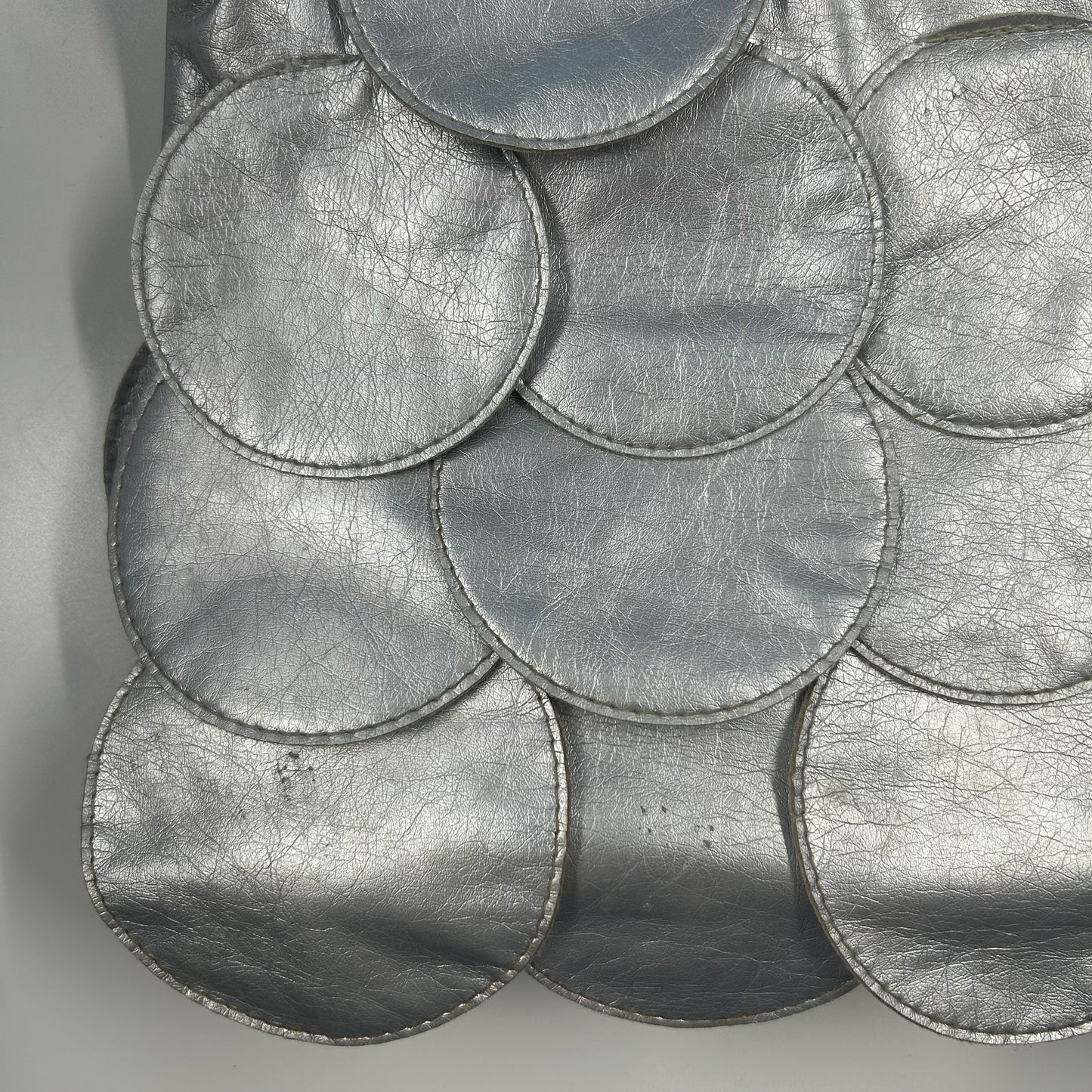 silver faux leather disc beaded shoulder bag