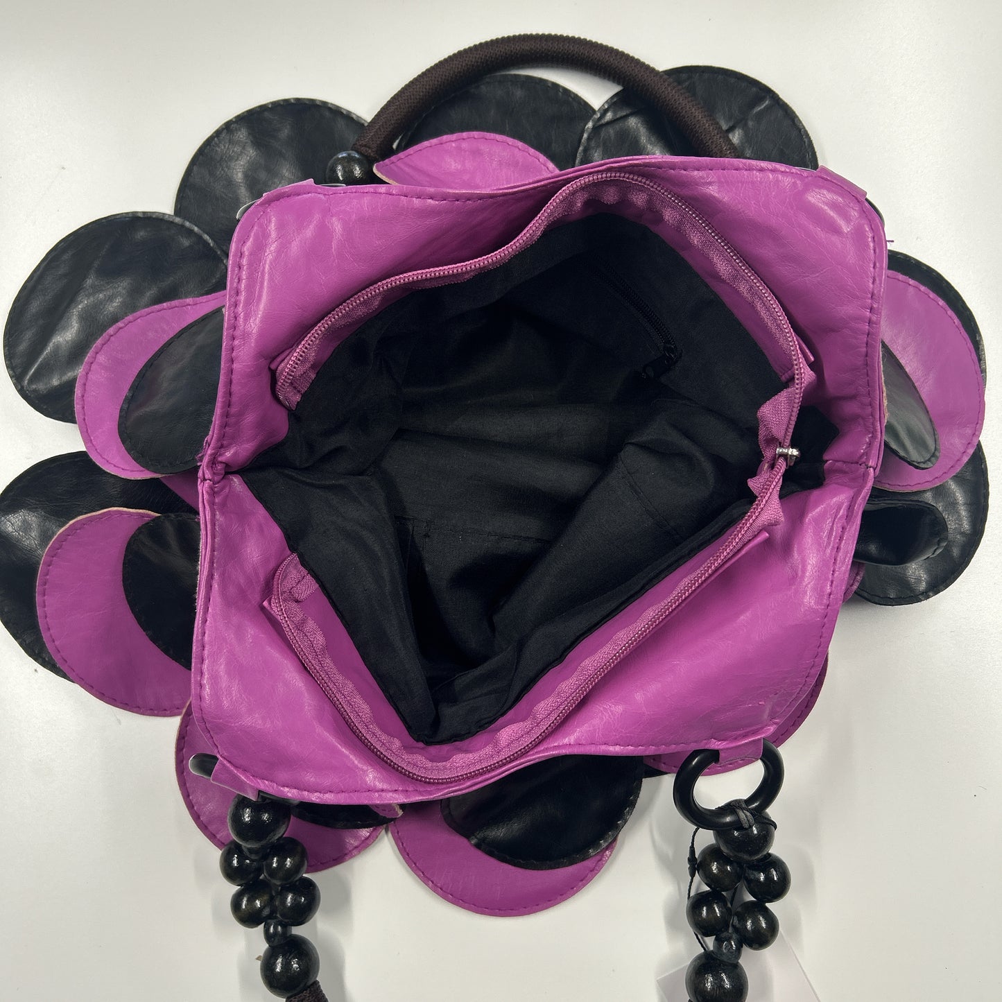 pink and black faux leather disc beaded shoulder bag