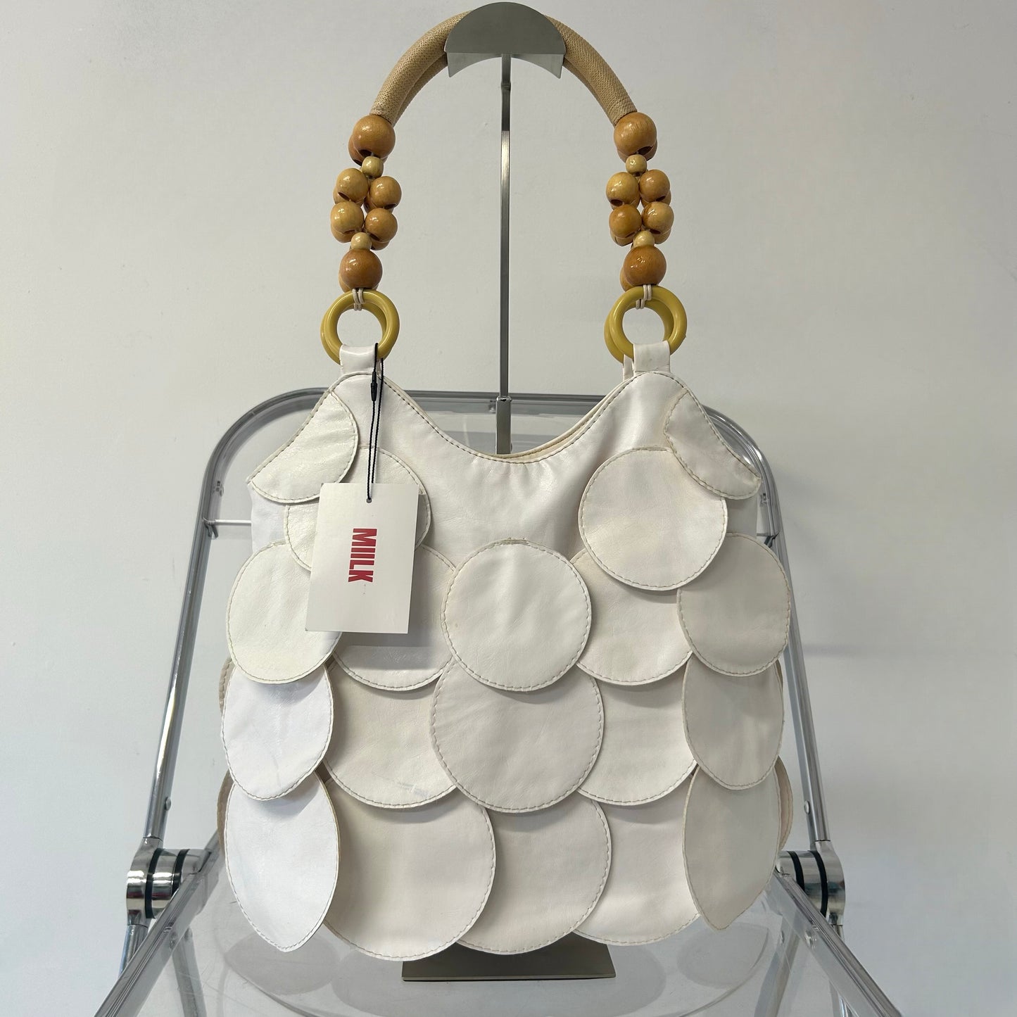 white faux leather disc beaded shoulder bag