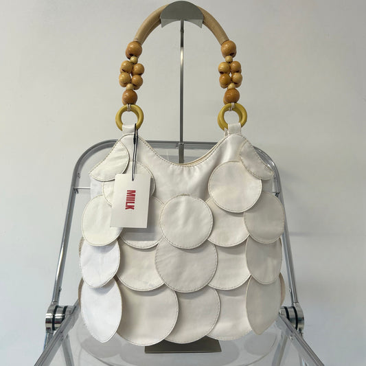 white faux leather disc beaded shoulder bag