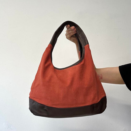 burnt orange soft feel and faux leather shoulder bag