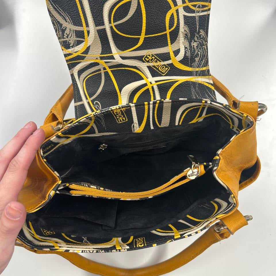 yellow and black patterned faux leather shoulder bag