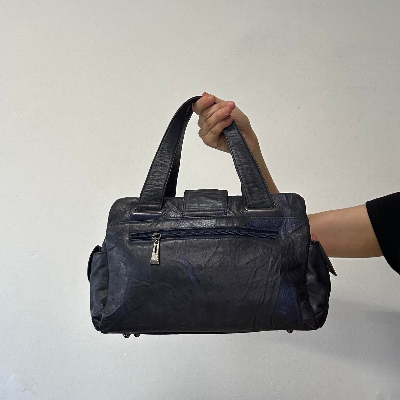 navy blue faux leather oversized buckle shoulder bag
