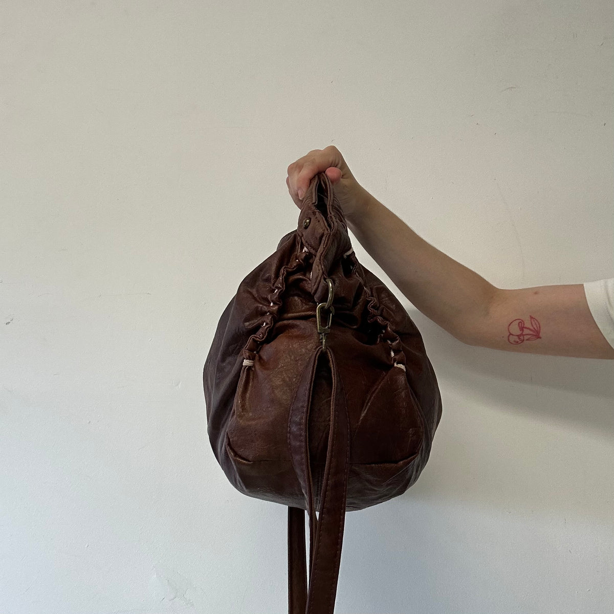 brown patchwork genuine leather zip shoulder bag