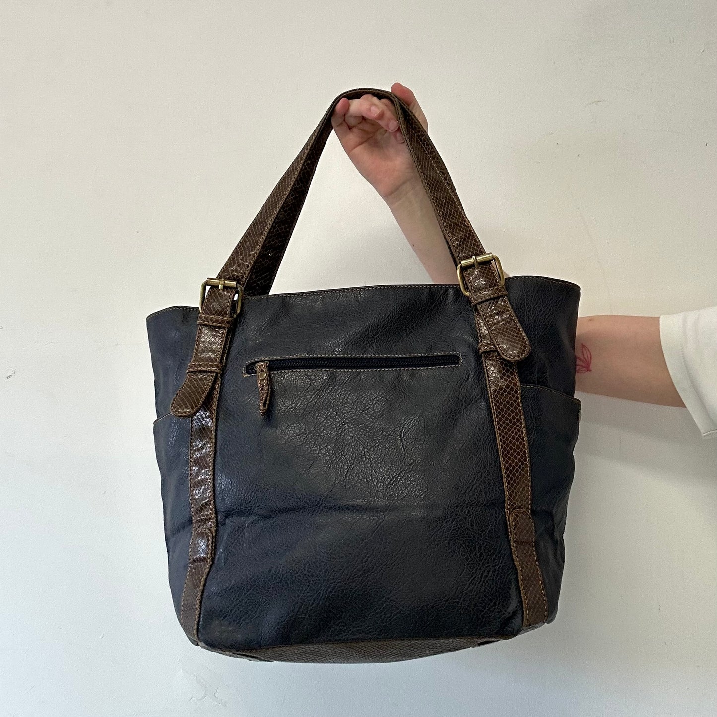 navy double buckle genuine leather shoulder bag