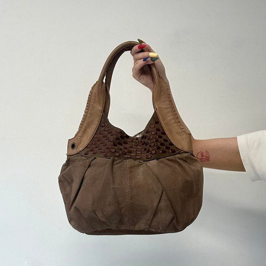 brown suede ribbon pattern shoulder bag