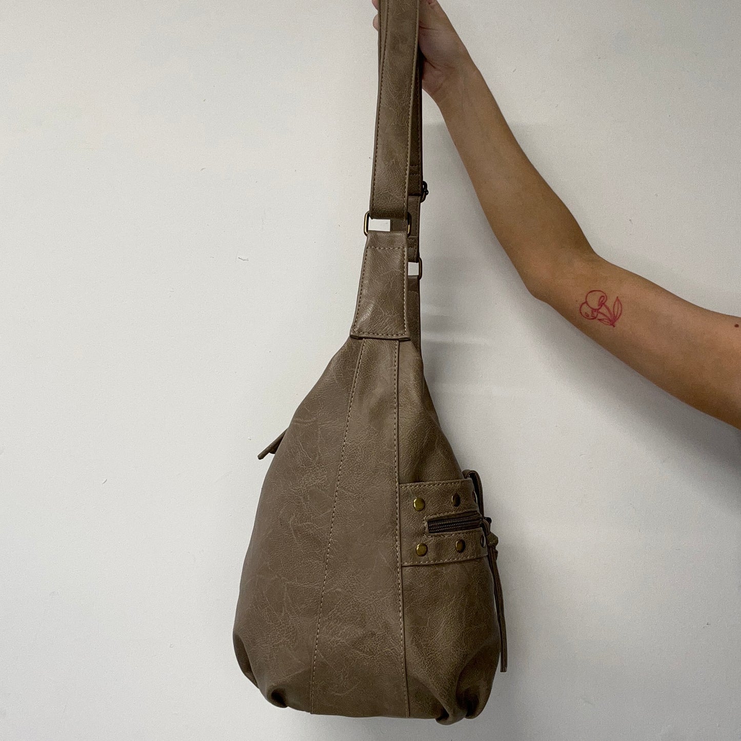 brown faux leather studded buckle shoulder bag