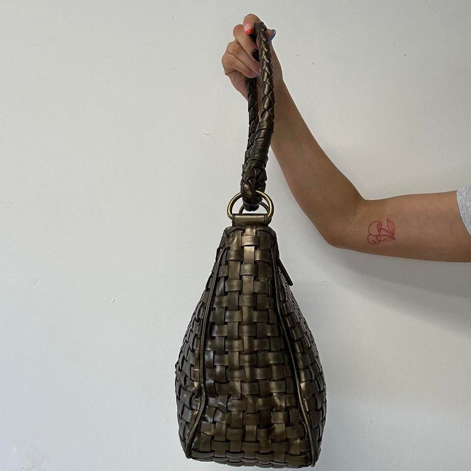 bronze faux leather woven shoulder bag