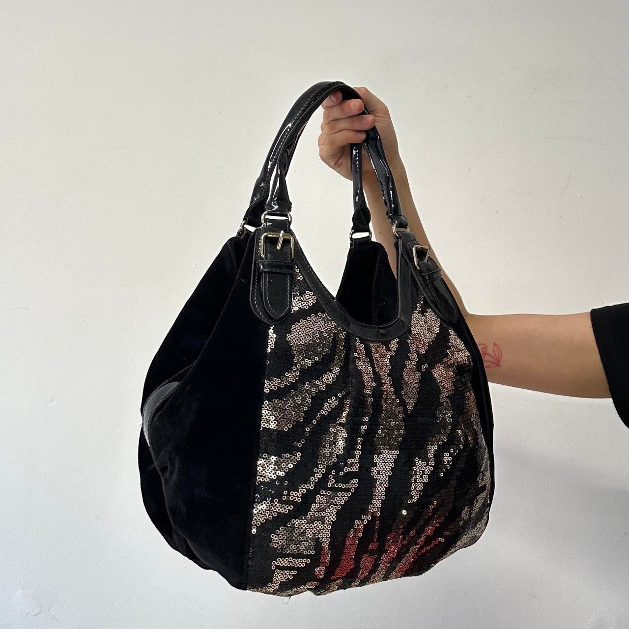 zebra print sequinned velvet shoulder bag
