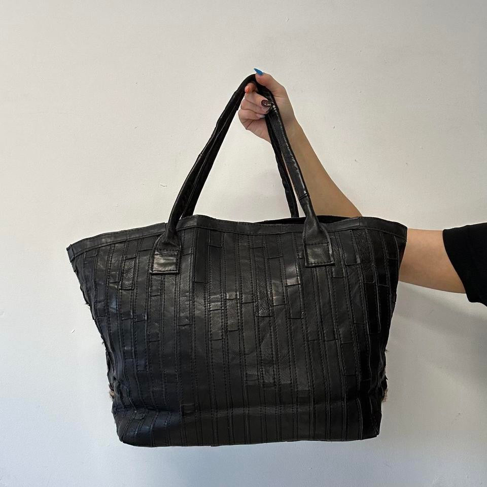 leopard print and black woven leather shoulder bag
