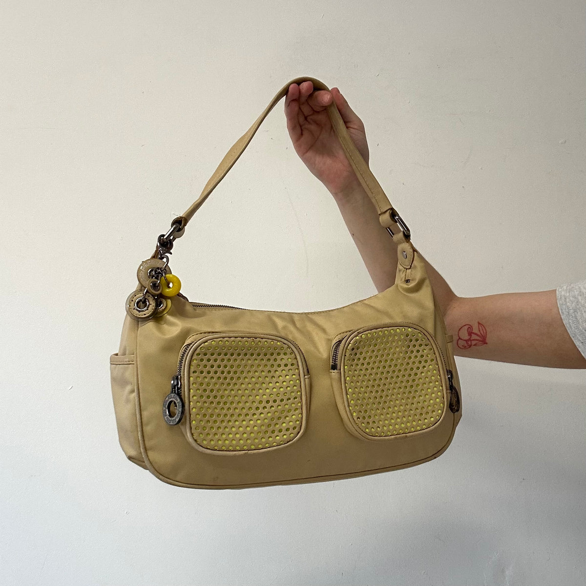 tanned and yellow neon double pocket shoulder bag