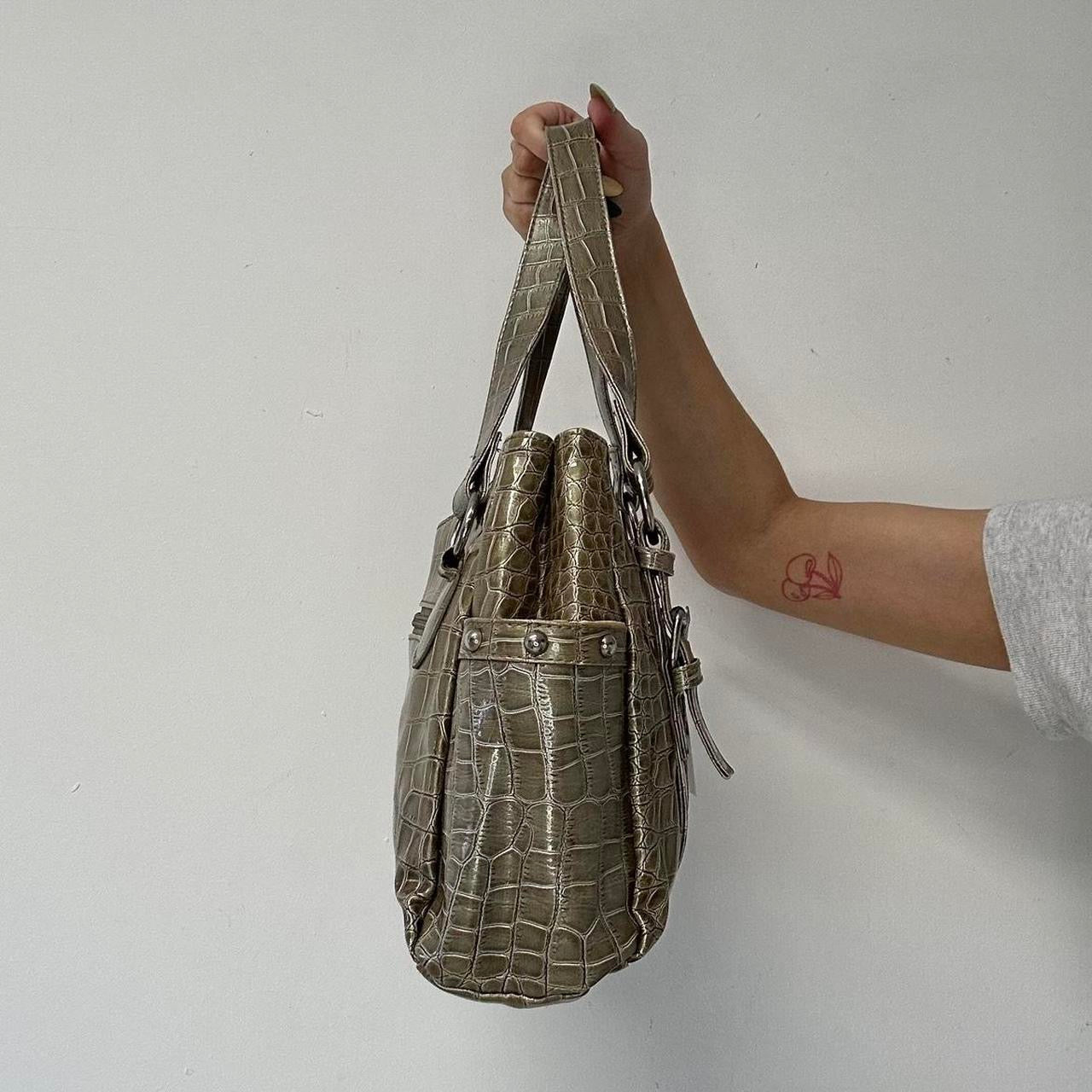khaki metallic croc effect faux leather shoulder bag