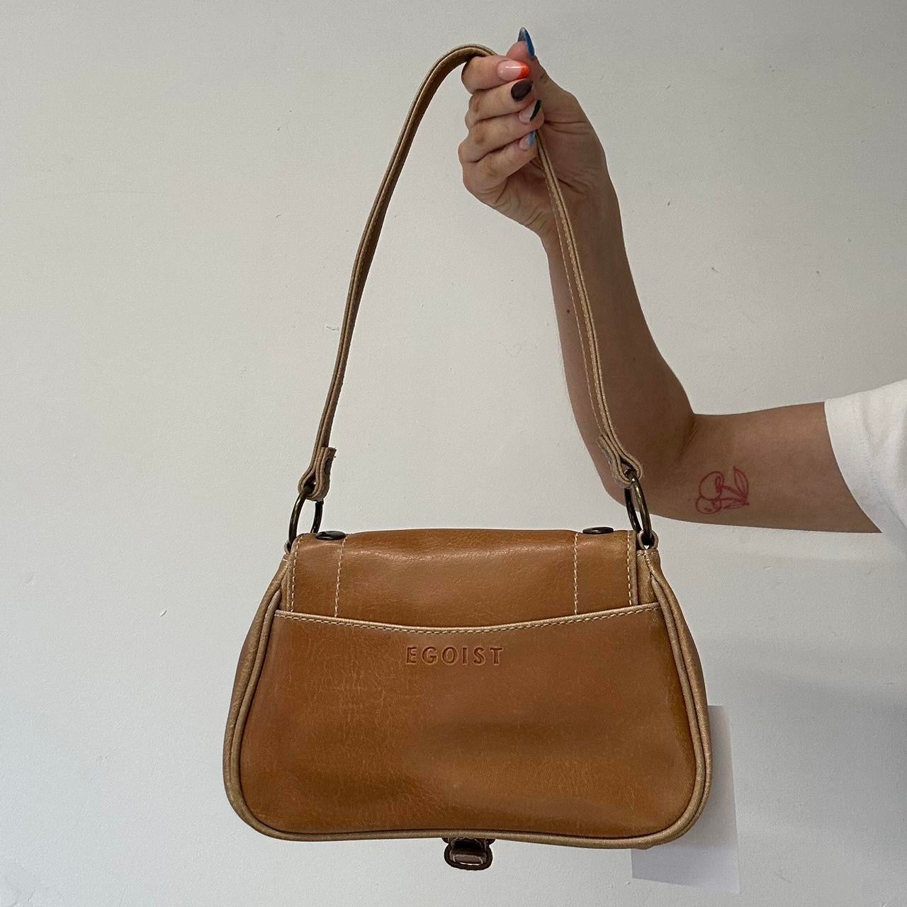 tanned studded faux leather shoulder bag