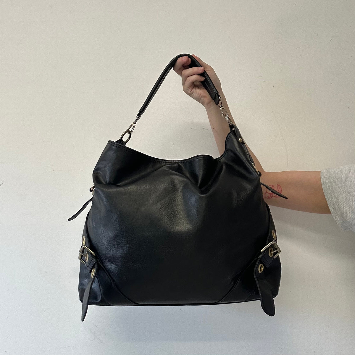 black double buckle faux leather shoulder bag