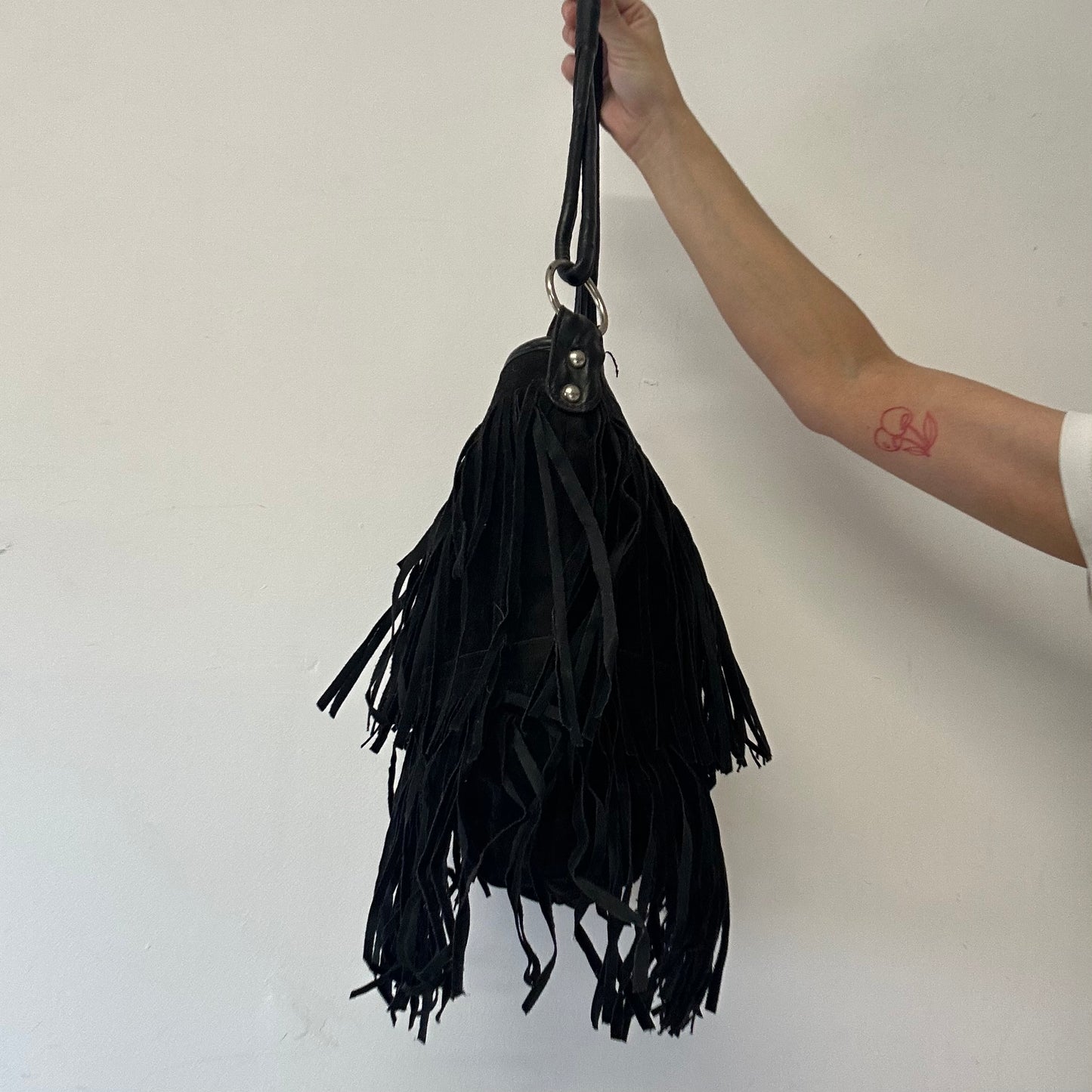 black faux leather fringe tassle shoulder bag