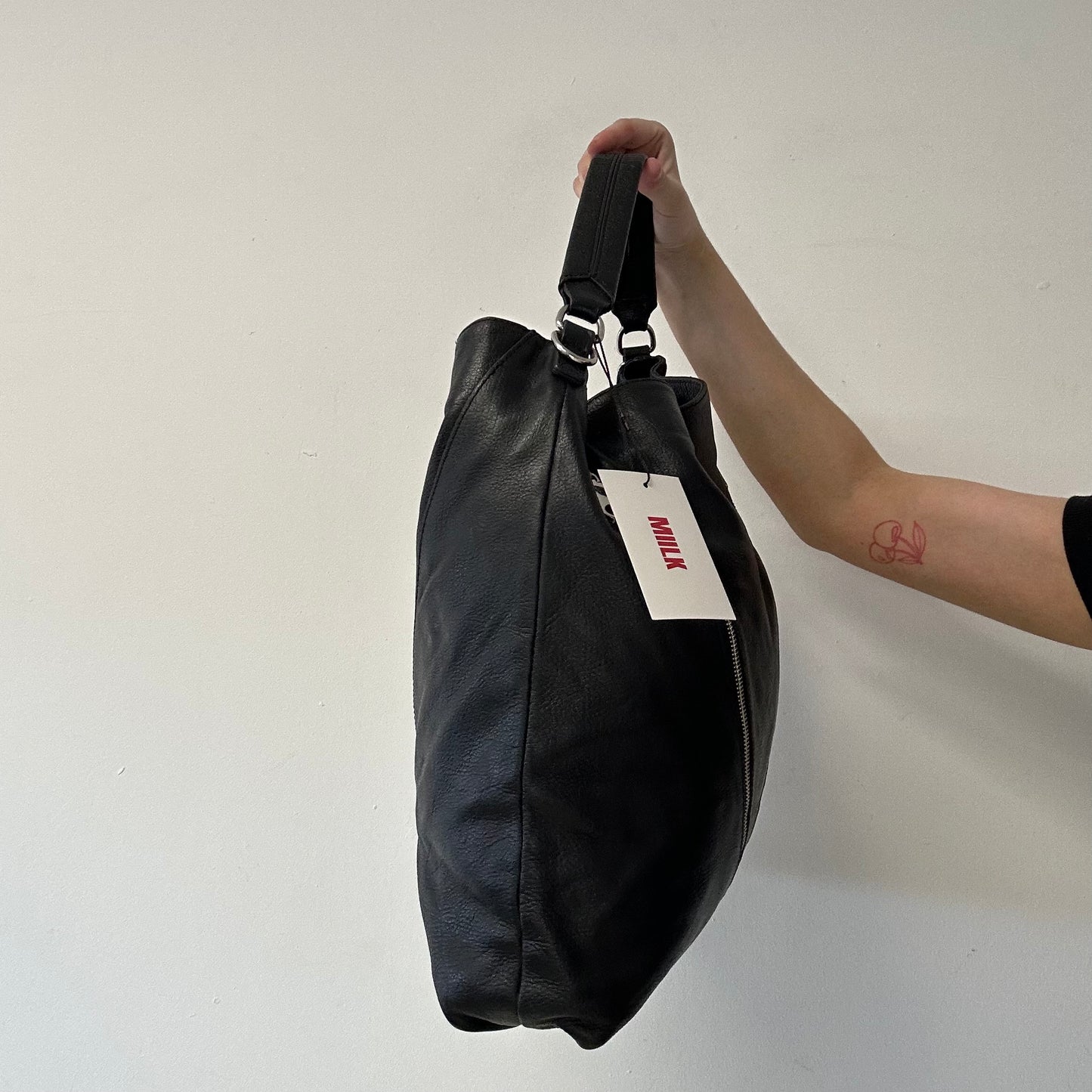 black genuine leather double zip shoulder bag