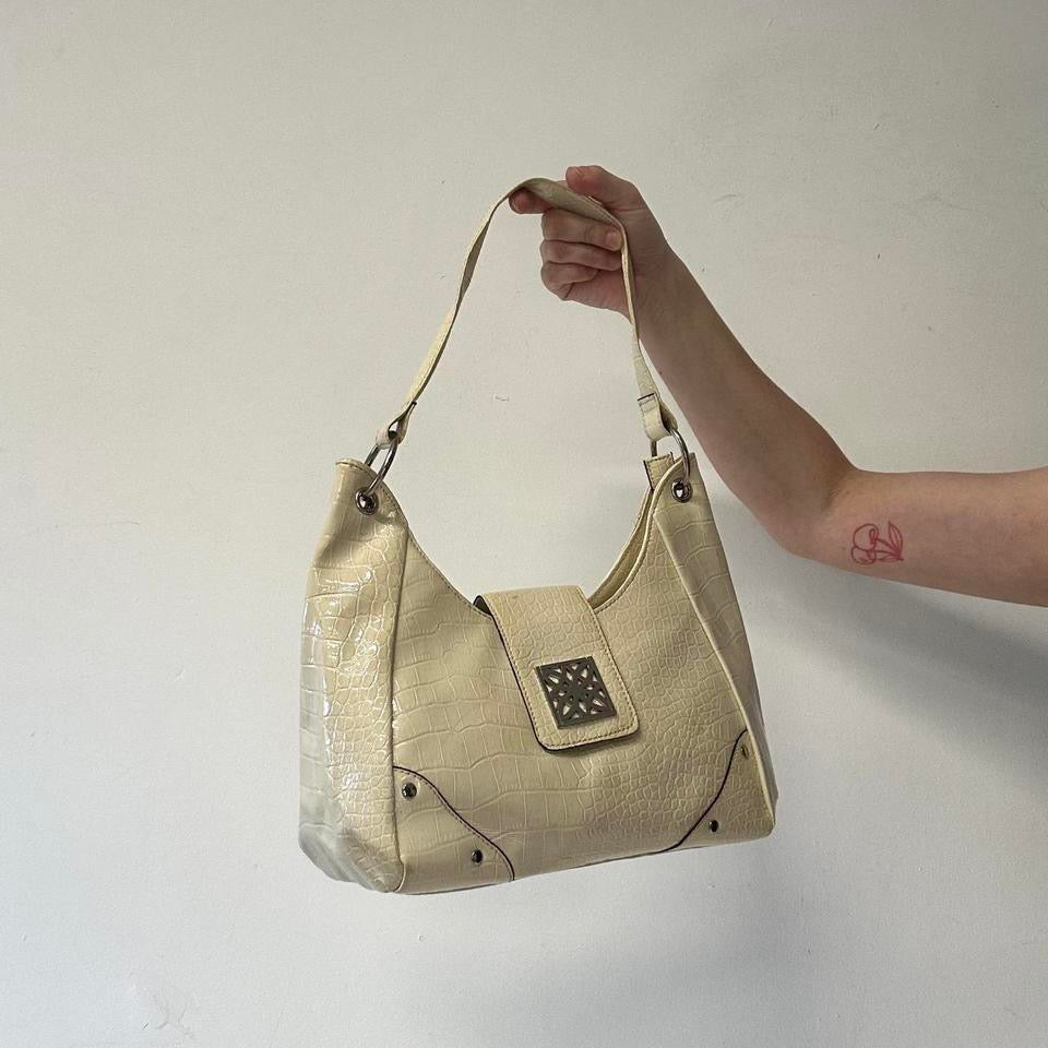 cream faux leather buckle effect shoulder bag
