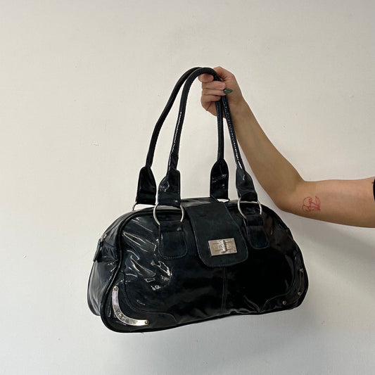 navy patent bowler shoulder bag