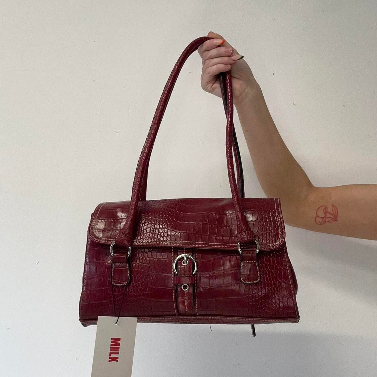 red croc effect faux leather buckle shoulder bag