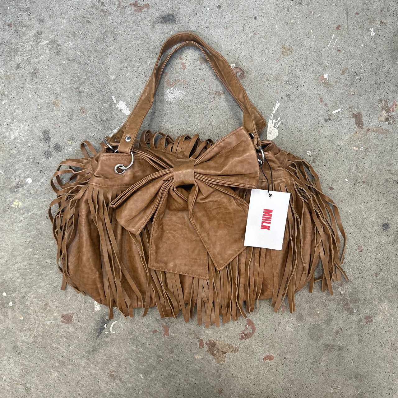 brown fringe oversized bow faux leather shoulder bag
