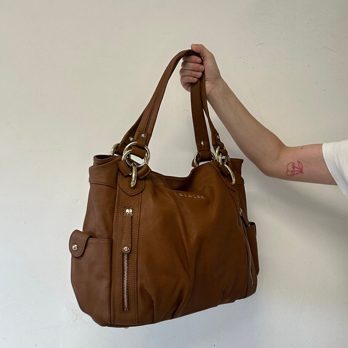 brown genuine leather double zip shoulder bag