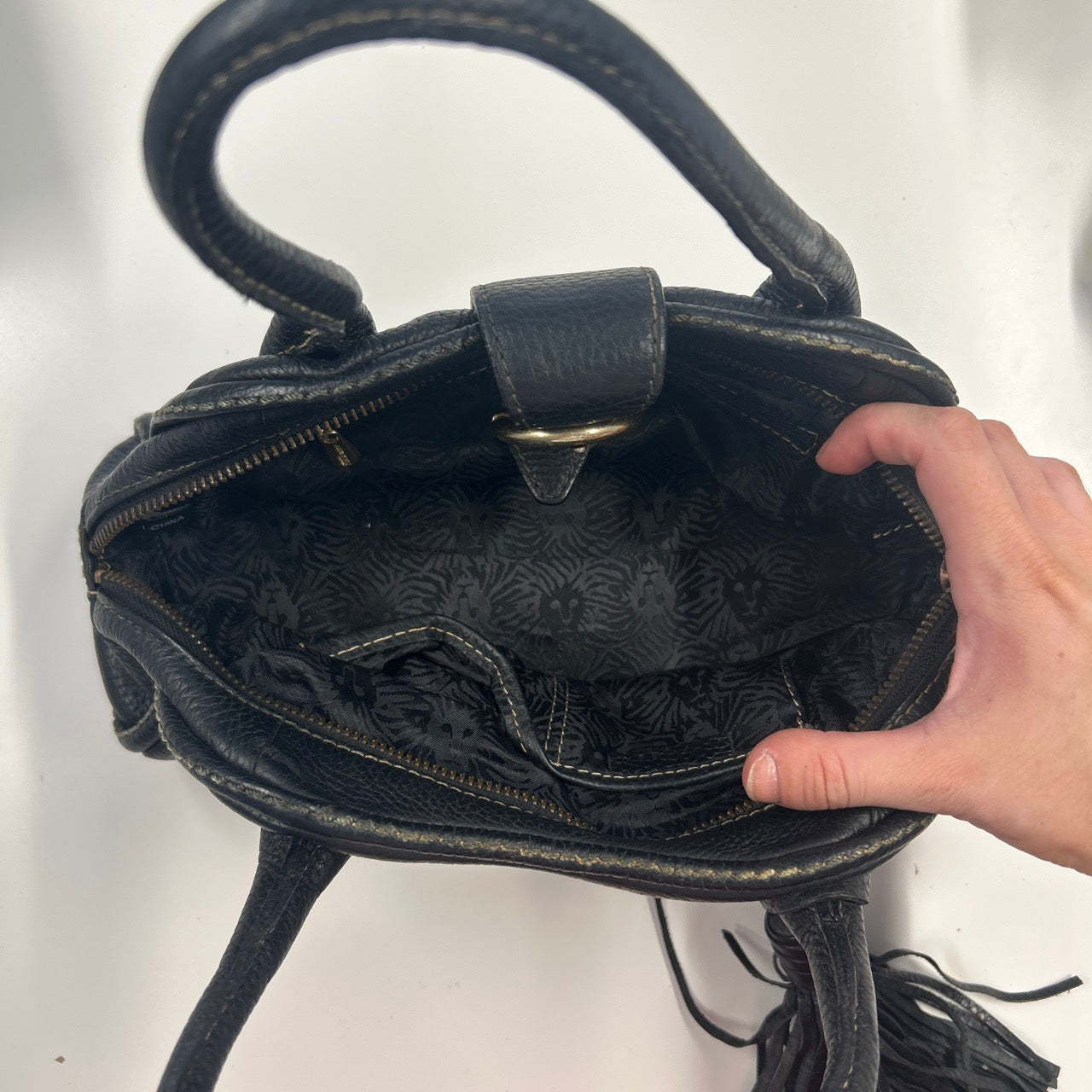 black genuine leather buckle mini shoulder bag