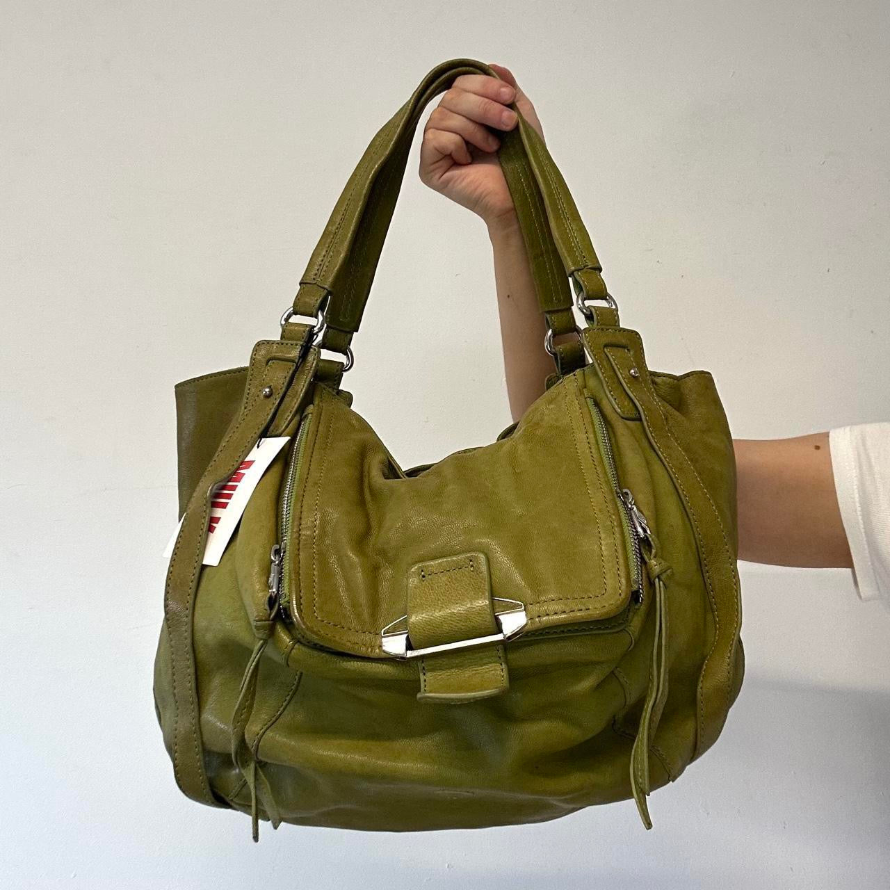 green genuine leather double zip shoulder bag