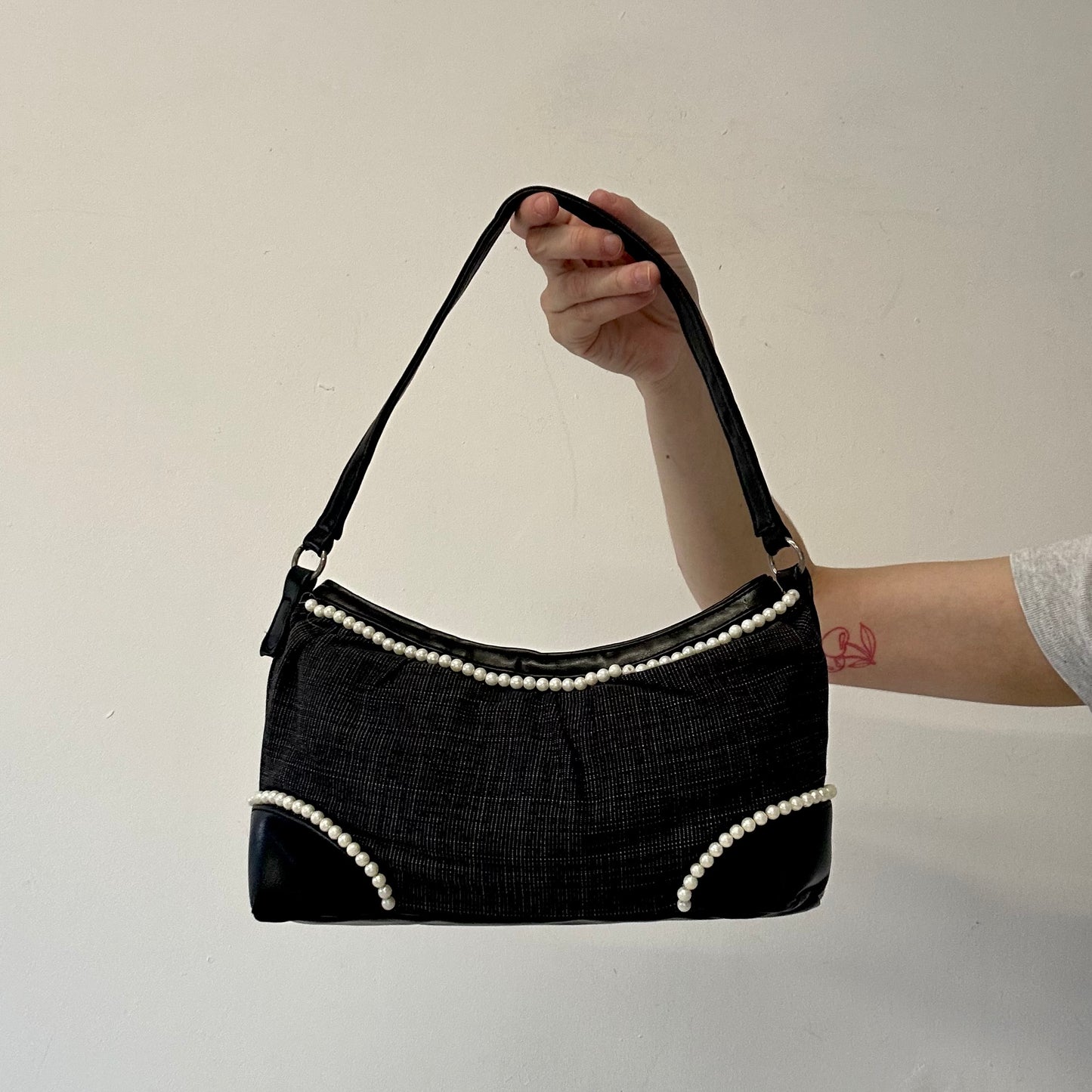 black pearl beads faux leather shoulder bag