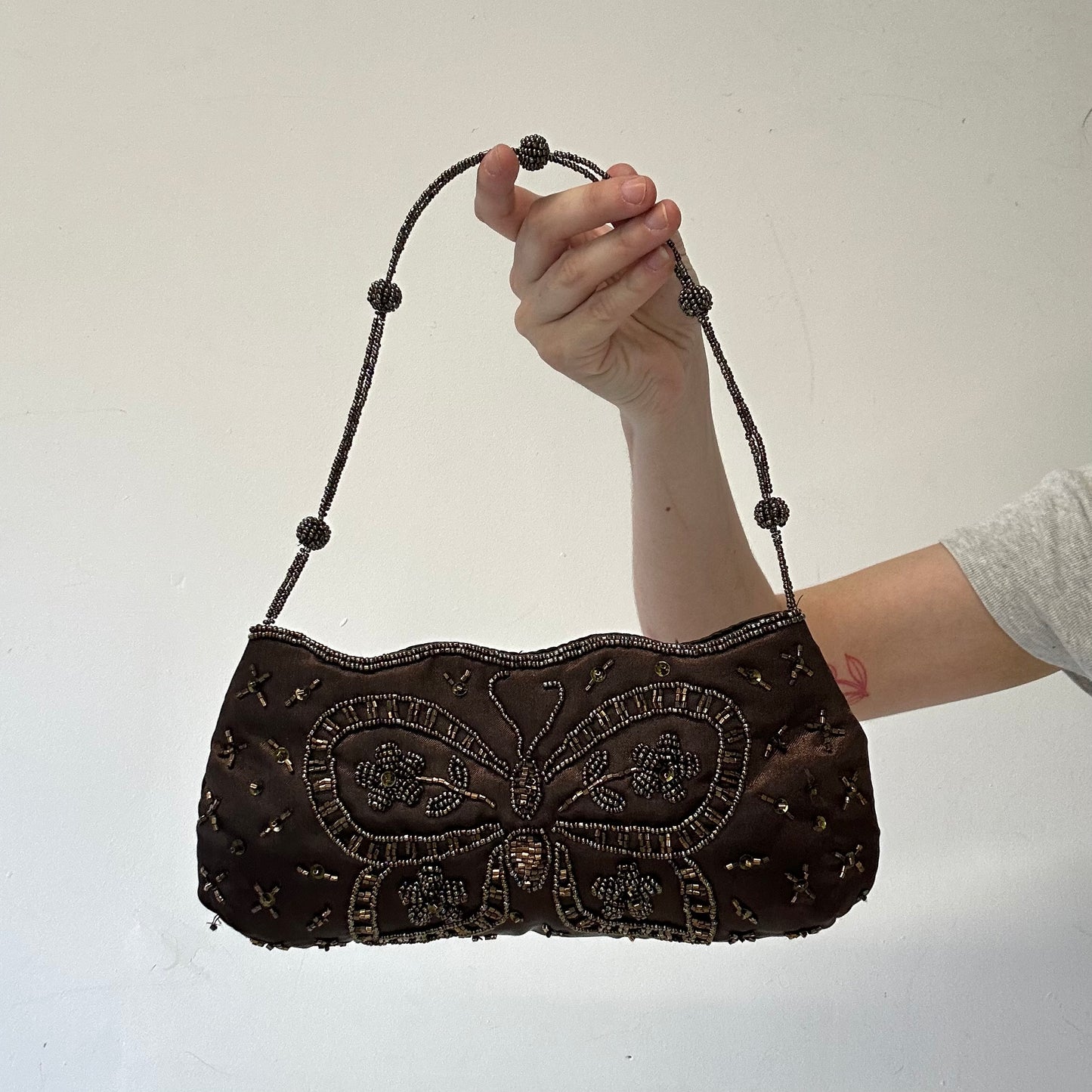 brown sequin butterfly wire handle shoulder bag