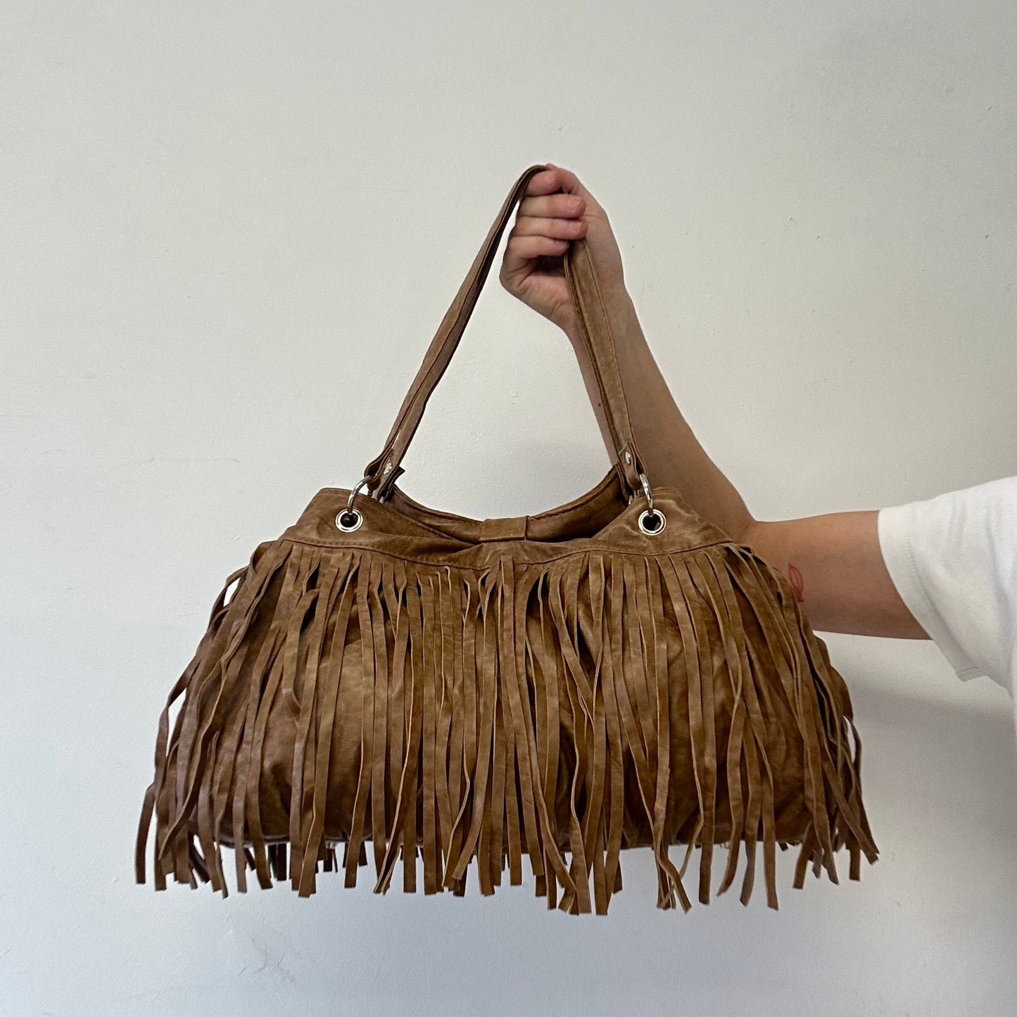 brown fringe oversized bow faux leather shoulder bag