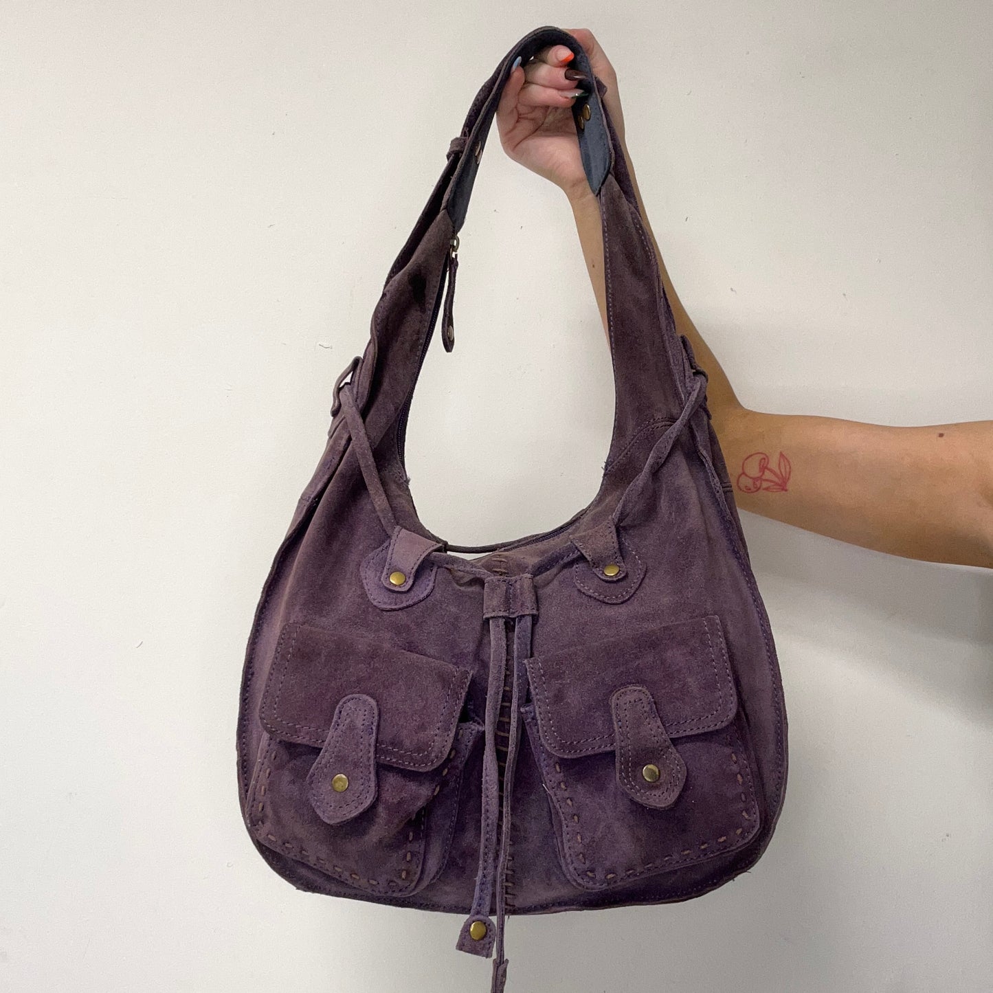 purple suede stitch shoulder bag