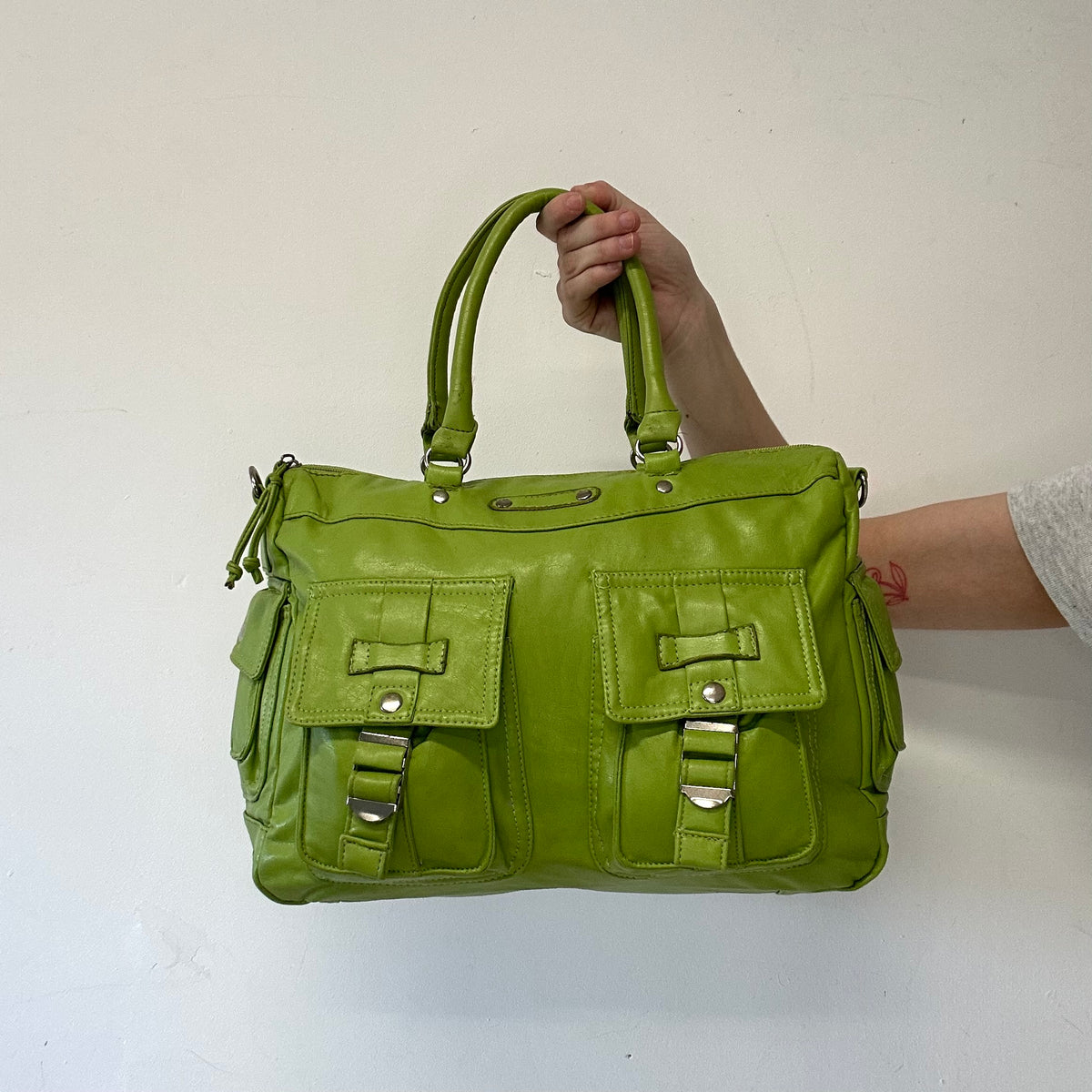 green double pocket faux leather shoulder bag