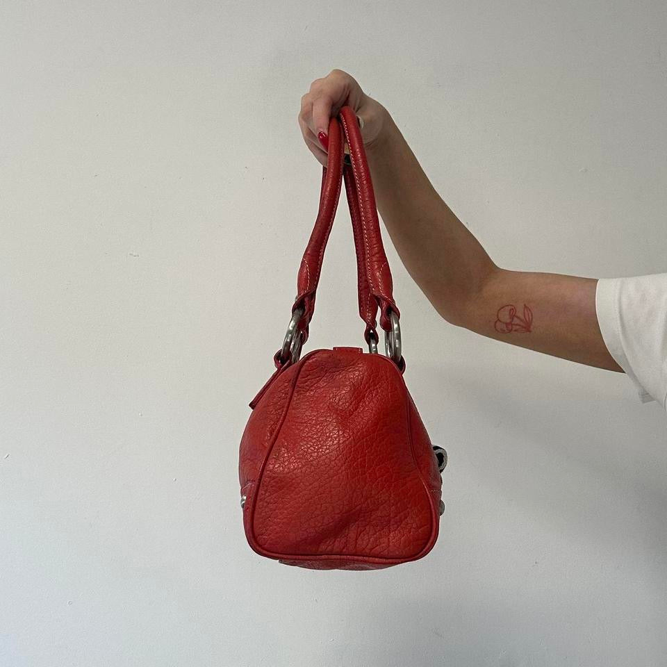 red genuine leather silver buckle  shoulder bag