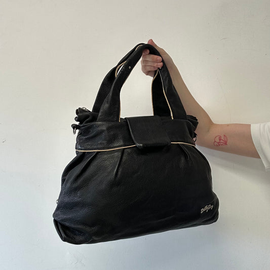 black bow detail genuine leather shoulder bag