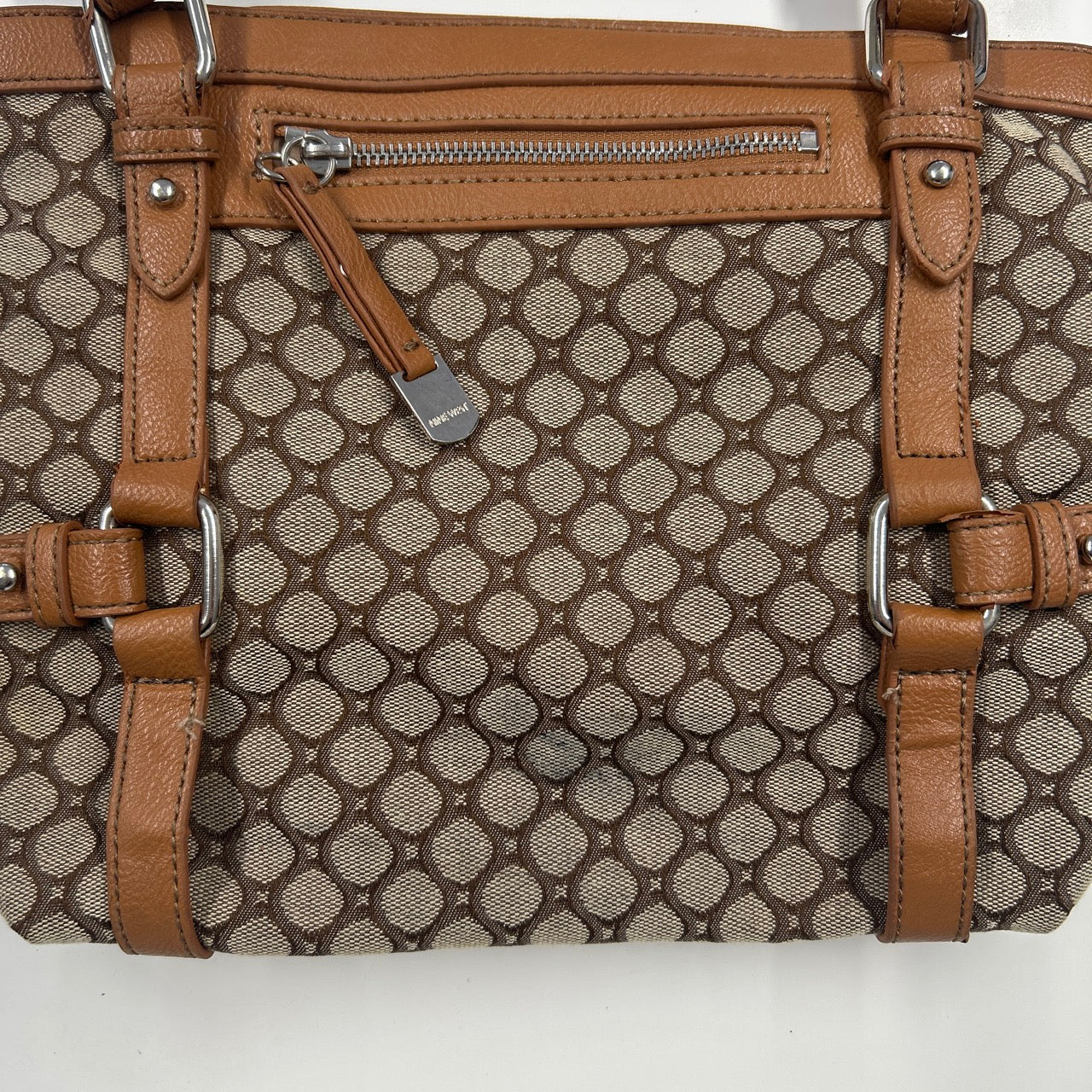brown canvas monogram faux leather shoulder bag
